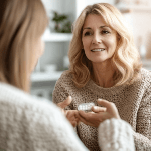 Smiling woman discussing homeopathic remedies for hormone balance and wellness during a consultation
