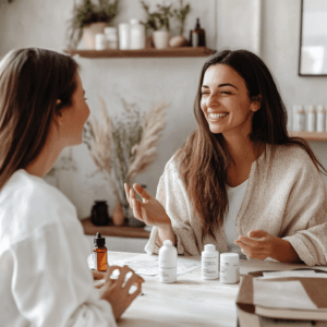 Two women in a homeopathy consultation discussing natural remedies and supplements for women’s health